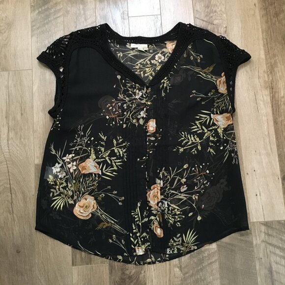 Anthropologie Meadow Rue Moody Black Floral Cotton Crochet Lace Pintuck Tank Top - Picture 13 of 16